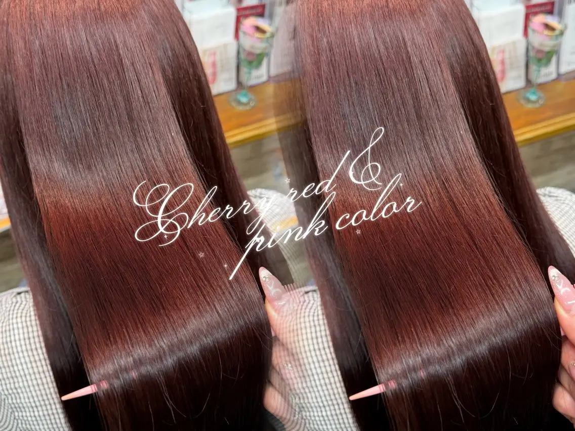 ロング カラー ダブルカラー ピンクカラー レッドカラー ヘアカラー トリートメント まい🎀ピンク💝 透明感/髪質改善のヘアスタイル