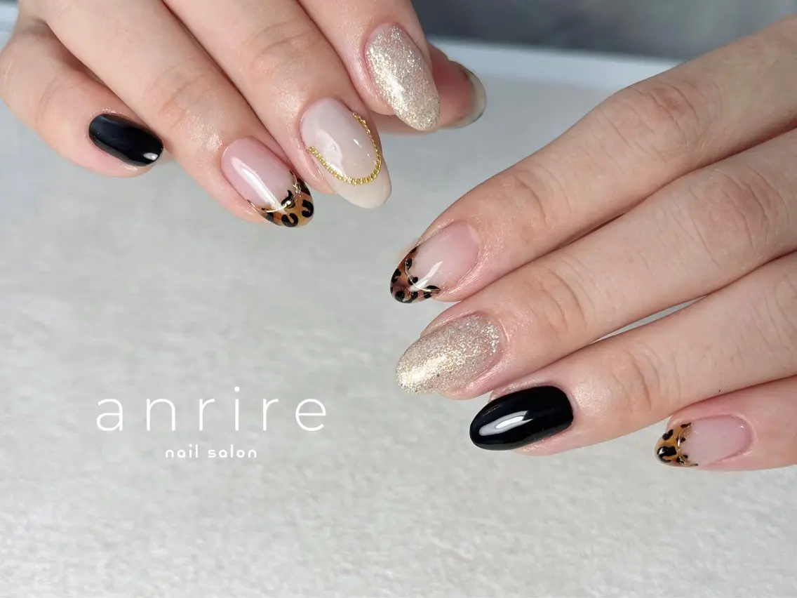 ネイル アニマル柄 べっ甲ネイル フレンチネイル ジェルネイル ラメ(グリッター) ハンドネイル nailsalon anrireのネイルデザイン