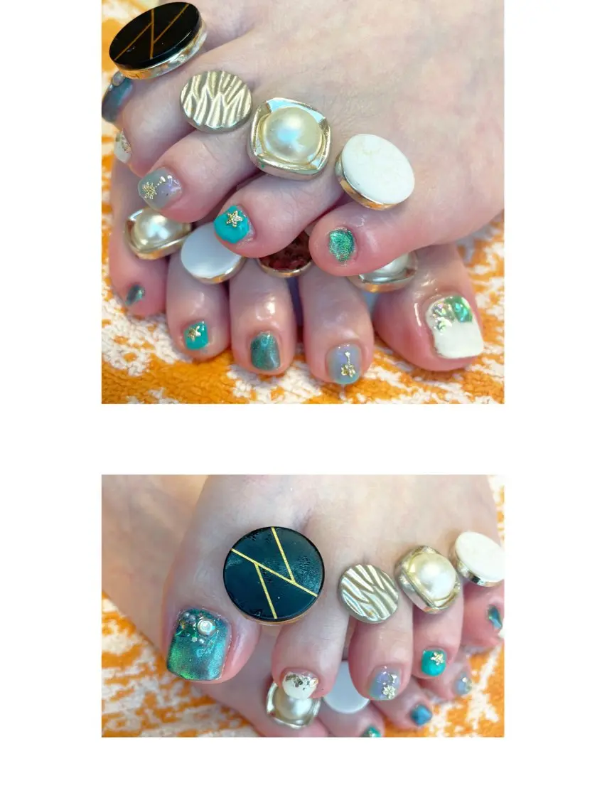 ネイル フットネイル グリーン ホログラムネイル マグネットネイル NAIL★M 真紀のネイルデザイン