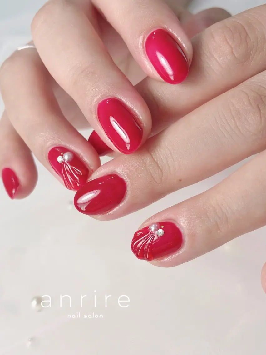 ネイル ボルドー ぷっくりネイル 赤色 夏ネイル ハンドネイル nailsalon anrireのネイルデザイン