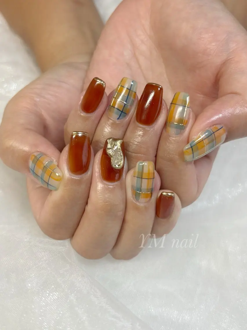 ネイル ブラウン ジェルネイル ミラーネイル スカルプネイル ハンドネイル YM nailのネイルデザイン