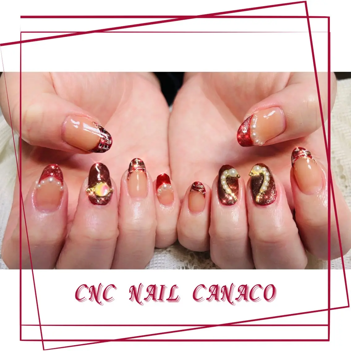 ネイル アートネイル ボルドー キラキラネイル 持ち込み ストーンネイル ハンドネイル ハンドケア ベテランネイル cnc  nailのネイルデザイン