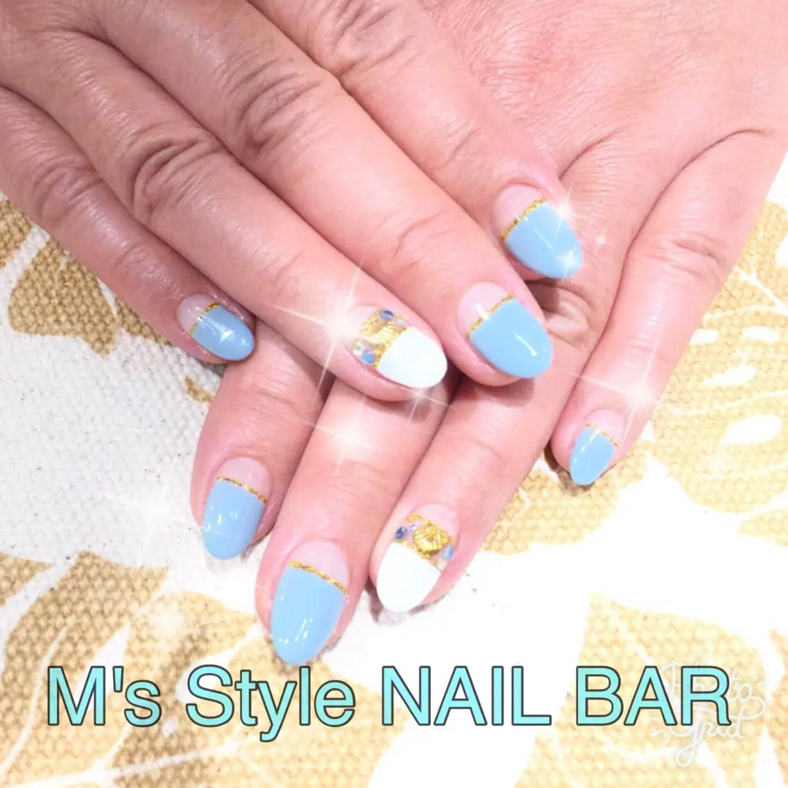 ネイル ブルー ゴールド ホワイト ハンドネイル M's Style NAIL BARのネイルデザイン