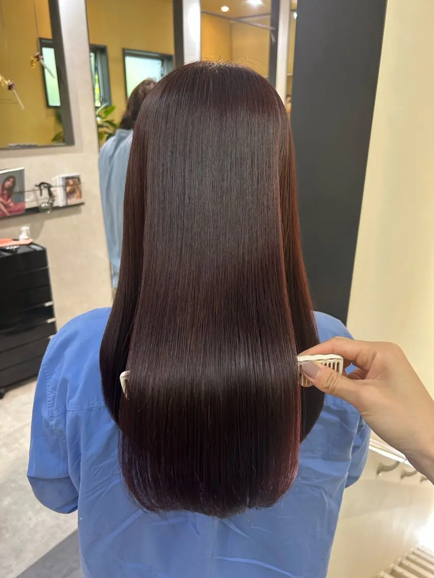 ロング カラー ブリーチ ボルドーカラー ブリーチなしカラー レッドカラー カット ヘアカラー トリートメント hub hair レイヤー/ナチュラルのヘアスタイル