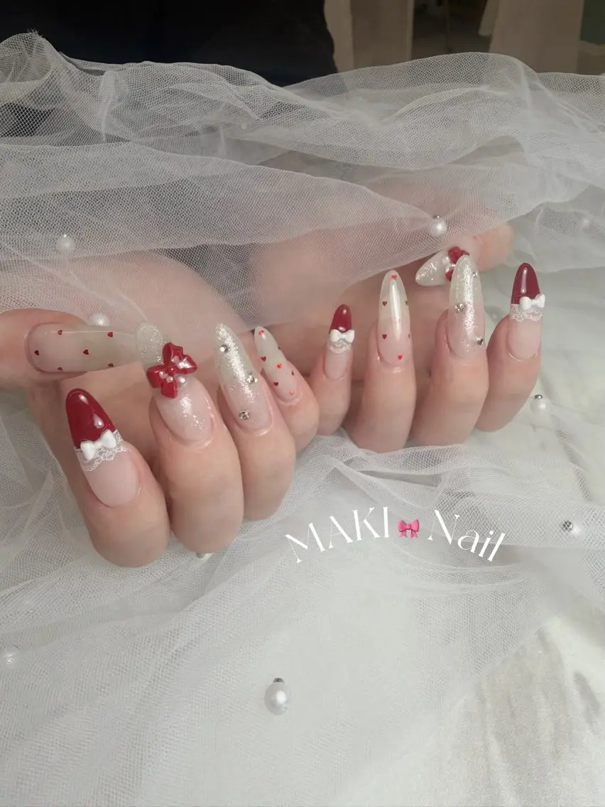 ネイル ボルドー レース バレンタイン ハンドネイル MAKI💎堺筋本町 綺麗め/ガーリーのネイルデザイン