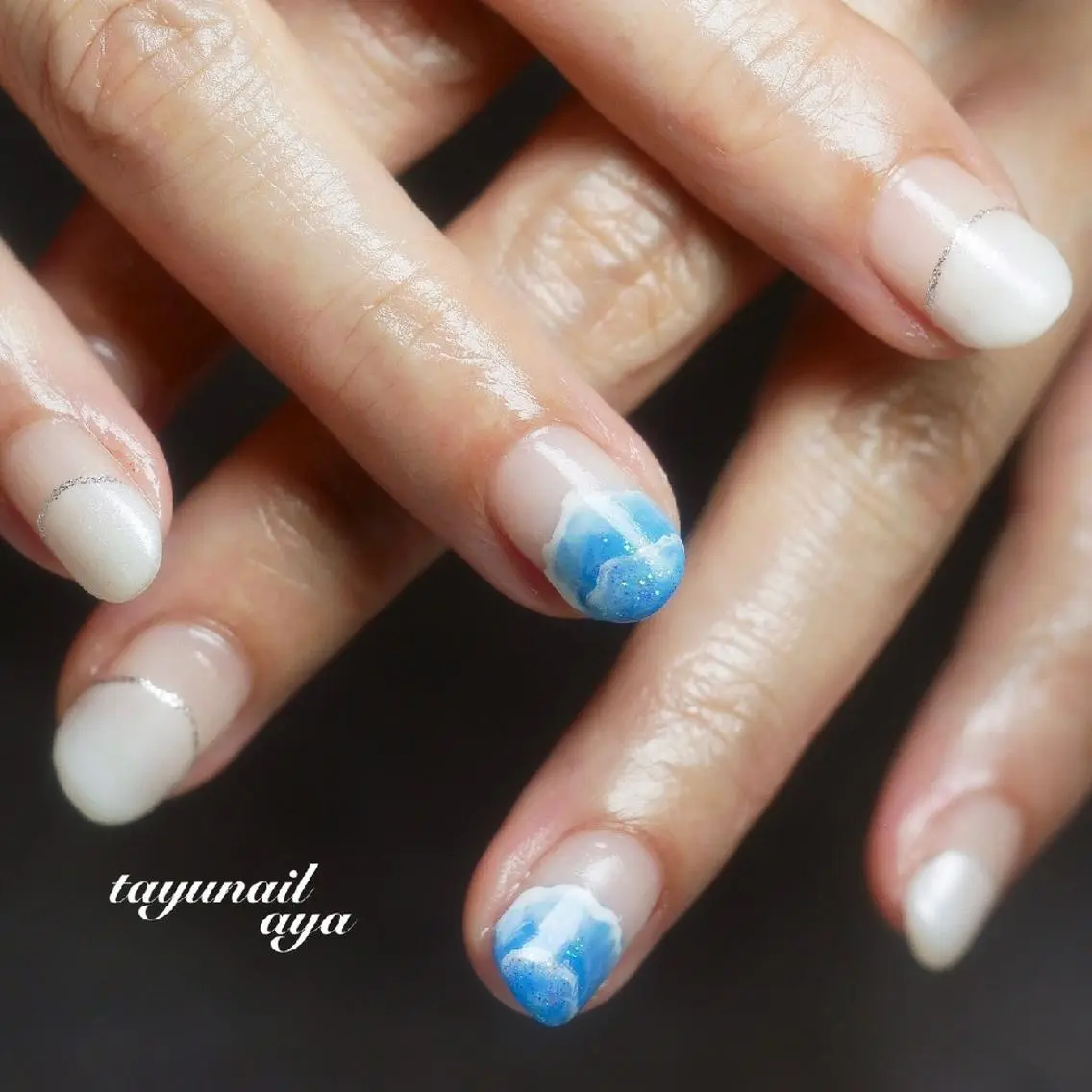 ネイル アートネイル ブルー フレンチネイル ジェルネイル パラジェル ネイルサロン 【たゆnail】のネイルデザイン