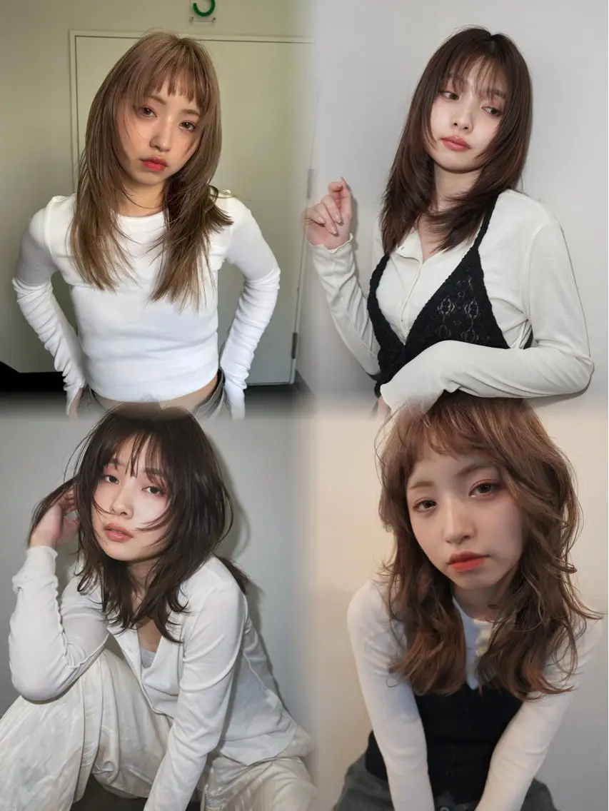 ミディアム カラー ボブ 顔まわりレイヤー 顔周りカット 伸ばしかけ レイヤーカット カット ヘアカラー トリートメント チャコ|暖色 |ボブ•レイヤーのヘアスタイル