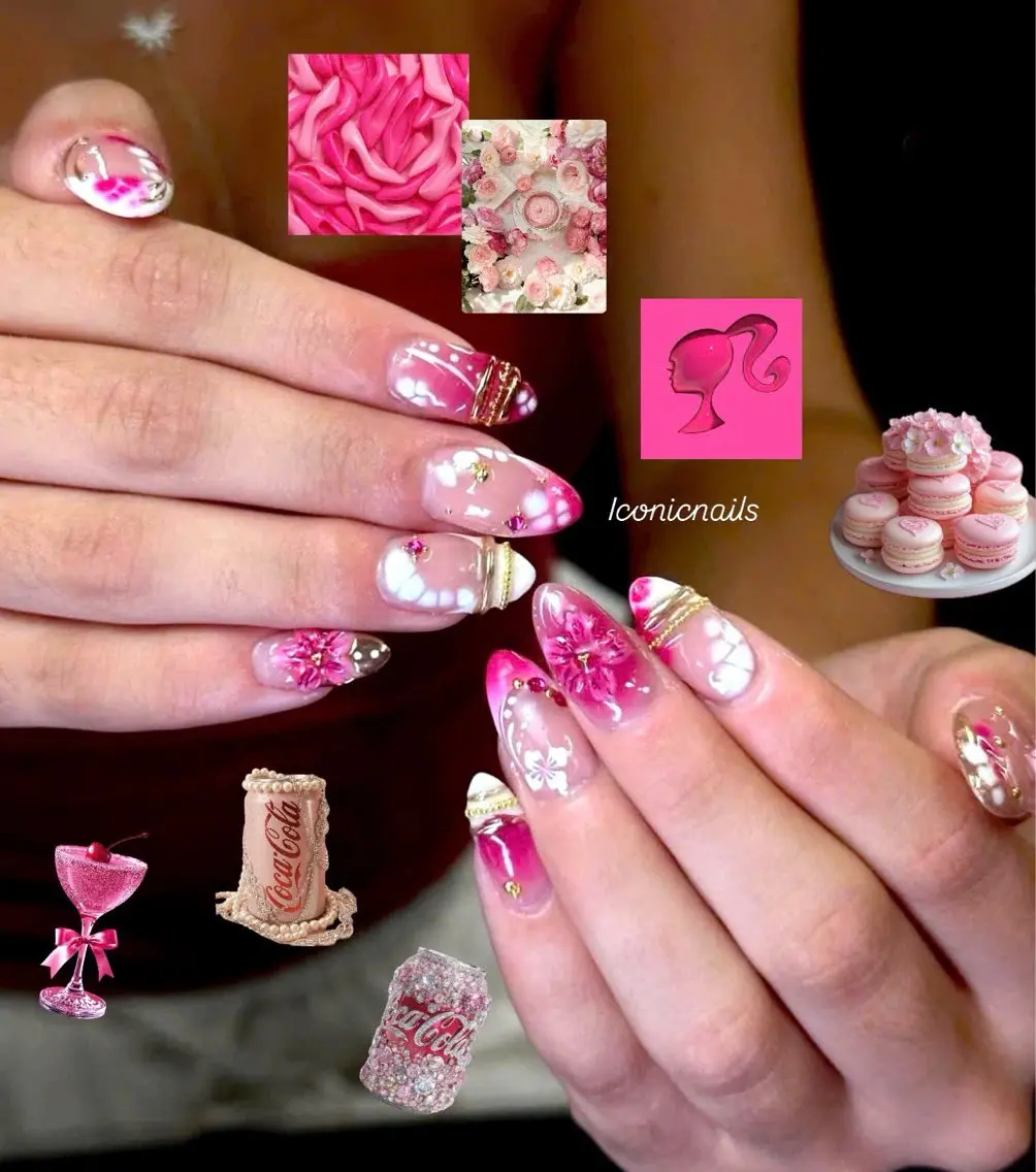 ネイル アートネイル フラワーネイル ガーリー ゴールド キラキラネイル Iconic Nailのネイルデザイン