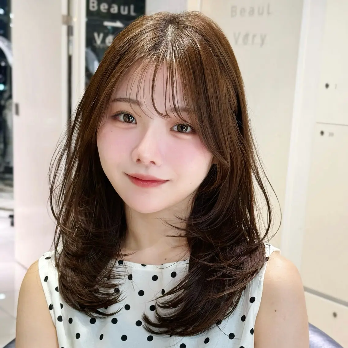 セミロング くびれヘア 顔まわりレイヤー 韓国風ヘア レイヤーカット Rinkaアレンジ/ 顔まわり/縮毛矯正のヘアスタイル