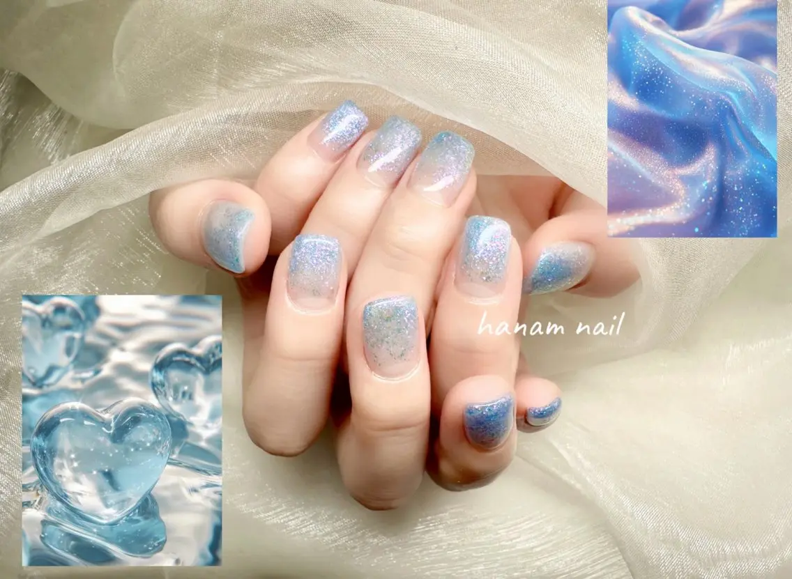 ネイル グラデーション ラメ(グリッター) ラメグラデーション ハンドネイル hanam nail 🌿🩵ハナムネイルのネイルデザイン