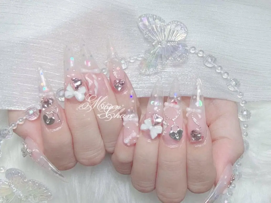 ネイル 成人式 大理石ネイル(マーブル) リボン 夏ネイル ネイルチップ ハンドネイル ハンドケア yukina 長さ出しネイル専門店のネイルデザイン
