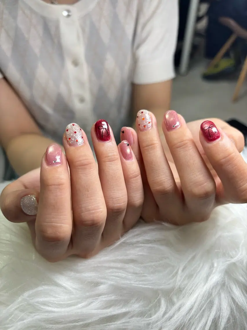 ネイル ボルドー ドット フラッシュネイル ハート ハンドネイル Lani たみのネイルデザイン