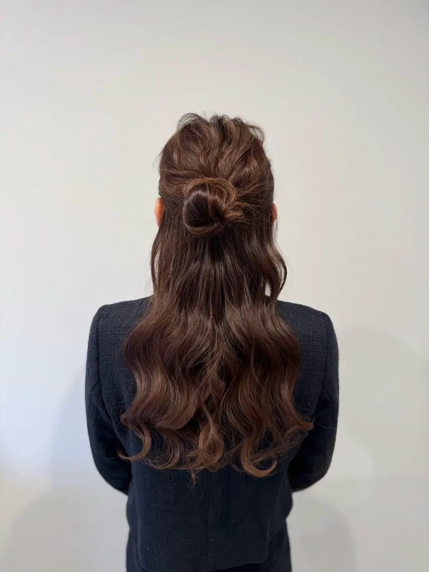 ロング ヘアアレンジ ハーフアップ お団子ヘア ヘアセット サイトウ ヒトミ 【メイヘア】のヘアスタイル