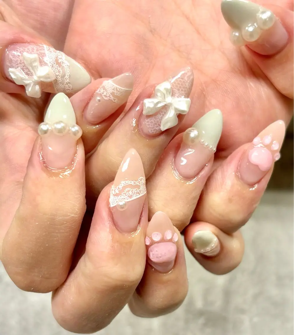 ネイル ガーリー レース ロングネイル 持ち込み 夏ネイル Natsumi 【protea】のネイルデザイン