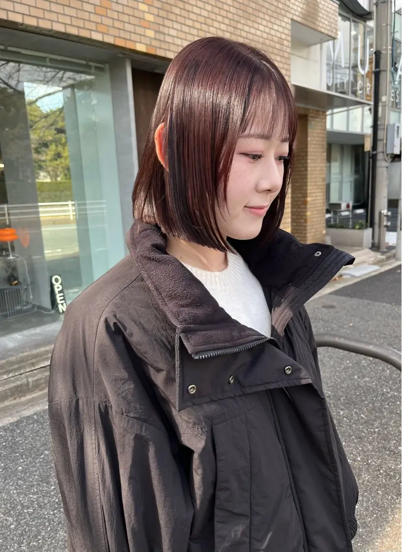透け感ワンカラー+似合わせボブカット+トリートメント🪷✨(オリーブ、暖色カラー)【パツッとラインのボブスタイル💿】の写真