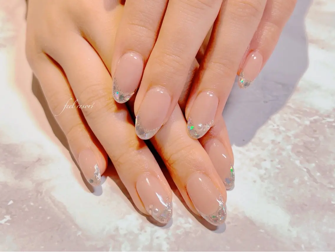 ネイル 長さ出し フットネイル フレンチネイル ジェルネイル ガラスフレンチ ハンドネイル Lien(リアン) 銀座駅6分のネイルデザイン