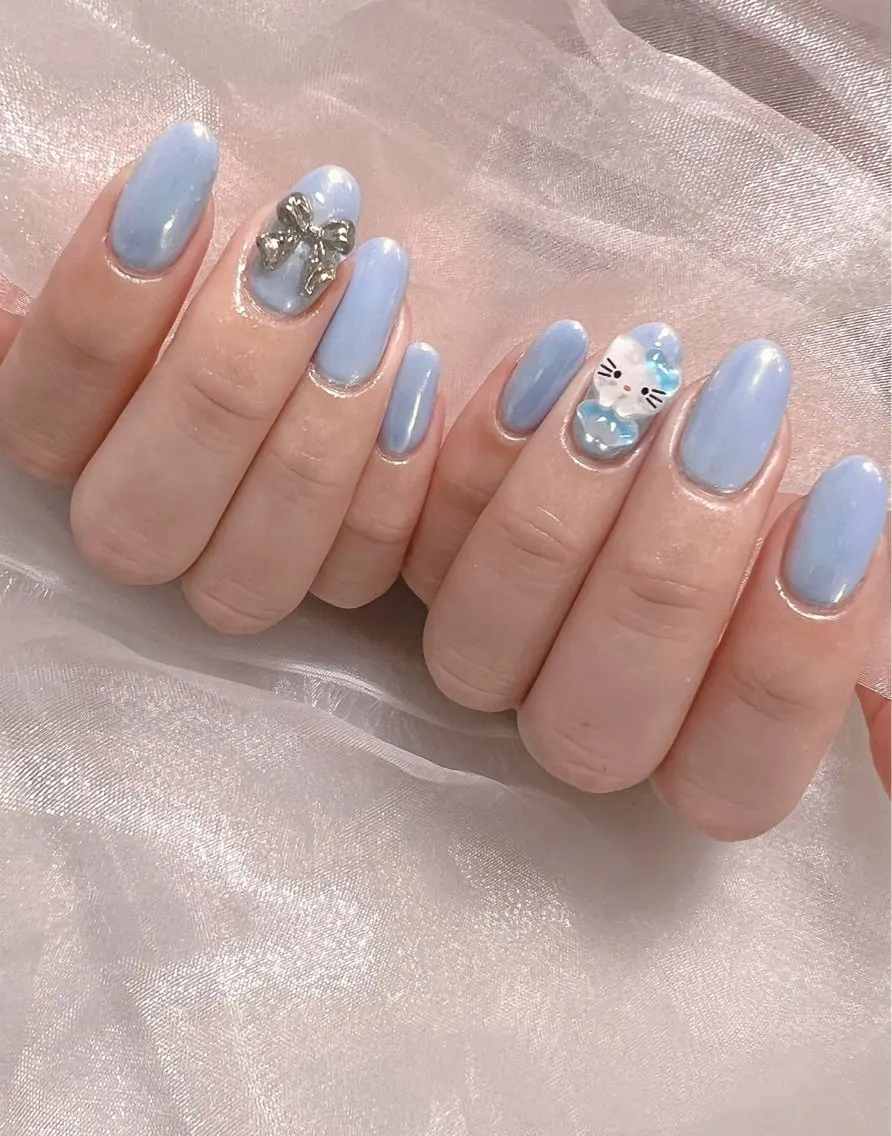 ネイル オーロラネイル ジェルネイル 韓国ネイル ミラーネイル リボン ハンドネイル nail salon Lauleaのネイルデザイン