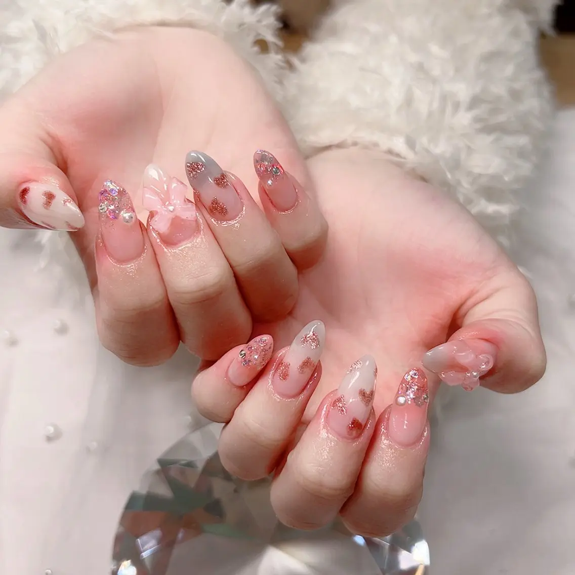 ネイル チークネイル ハート リボン Cute Tips nailのネイルデザイン