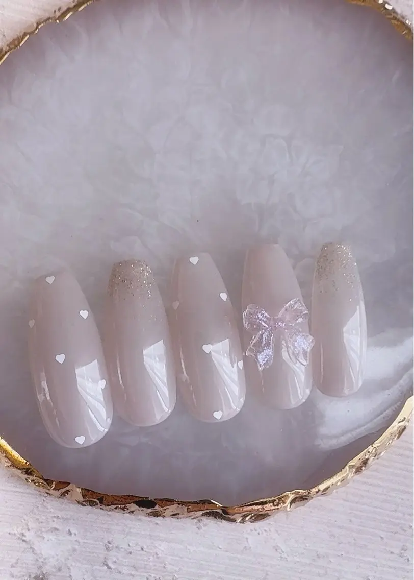 ネイル ガーリー 韓国ネイル ロングネイル リボン ネイルチップ ハンドネイル Monica nails/福島のネイルデザイン