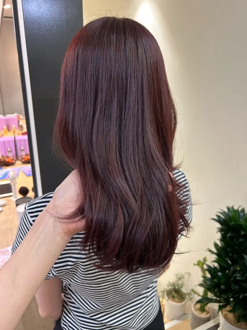 セミロング カラー ブリーチ ボルドーカラー ブリーチなしカラー hubhair レイヤー/透明感のヘアスタイル