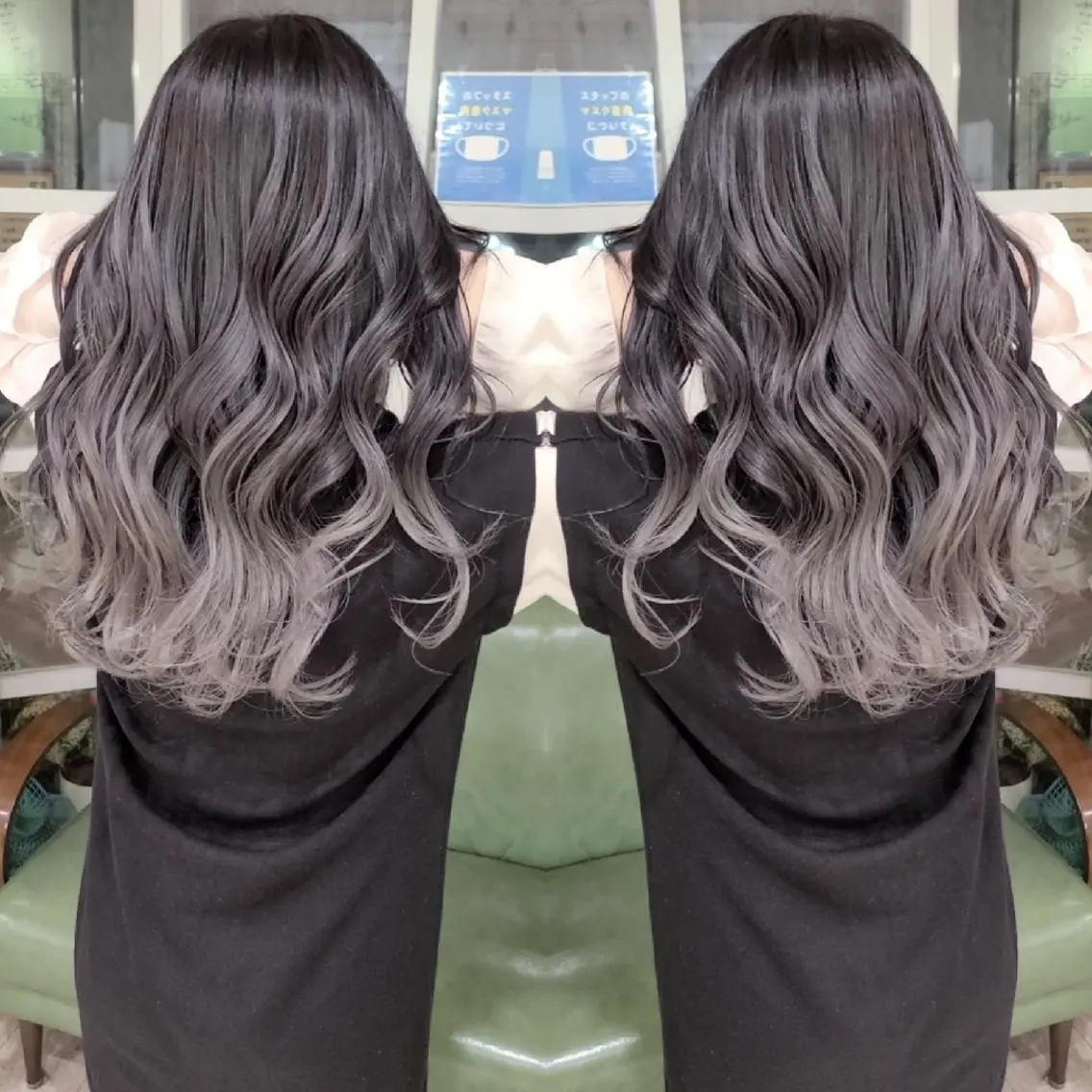 カラー ロング アッシュ アッシュグレー バレイヤージュ ベージュカラー ブリーチ バレイヤージュ/ ハイライト/大内格のヘアスタイル