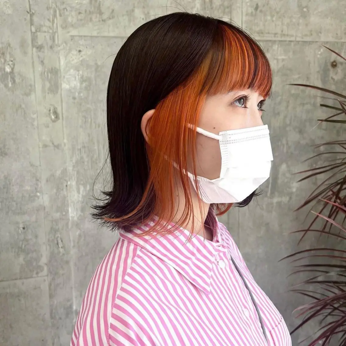 ミディアム カラー 切りっぱなしボブ インナーカラー オレンジ ボブ レイヤー / メンズ 🇰🇷 細江 美紅のヘアスタイル