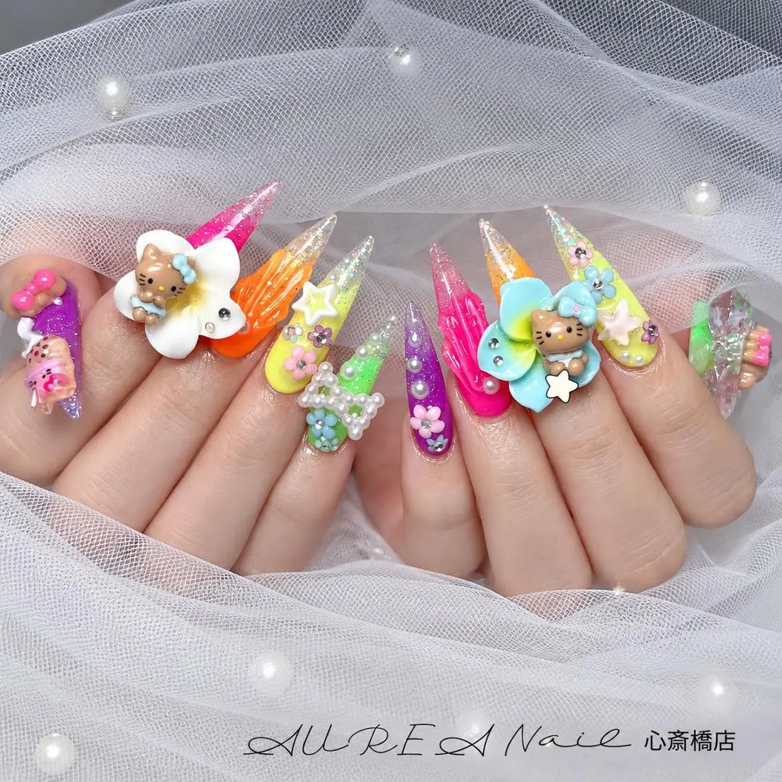 ネイル 長さ出し ハート キラキラネイル 韓国ネイル ロングネイル ハンドネイル ハンドケア AUREA Nail 心斎橋店のネイルデザイン