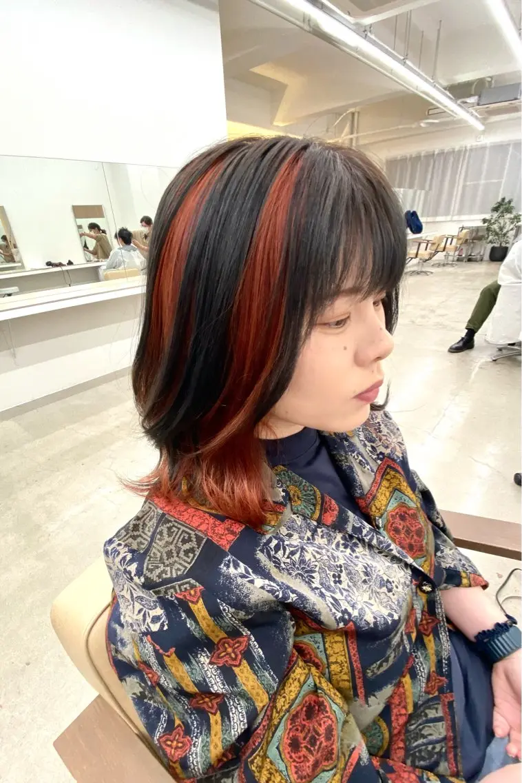 ミディアム カラー 黒髪 ブリーチ デザインカラー オレンジ カット ヘアカラー トリートメント BOB🌟ハイトーン /ブリーチ/TAKUのヘアスタイル