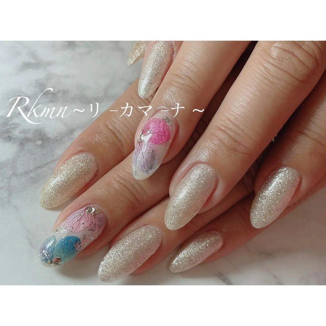 ネイル アートネイル フラワーネイル キラキラネイル ラメ(グリッター) 春ネイル ハンドネイル フットネイル ハンドケア Rkmn ~リ-カマ-ナ~のネイルデザイン
