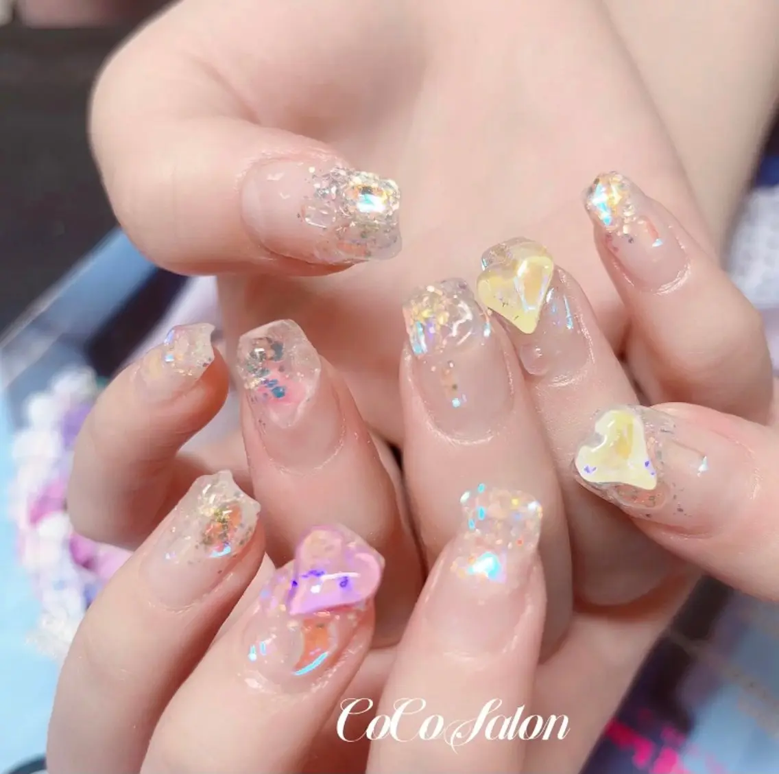 ネイル クリアネイル ジェルネイル ハート キラキラネイル CoCo Salon ネイル/睫毛/脱毛のネイルデザイン