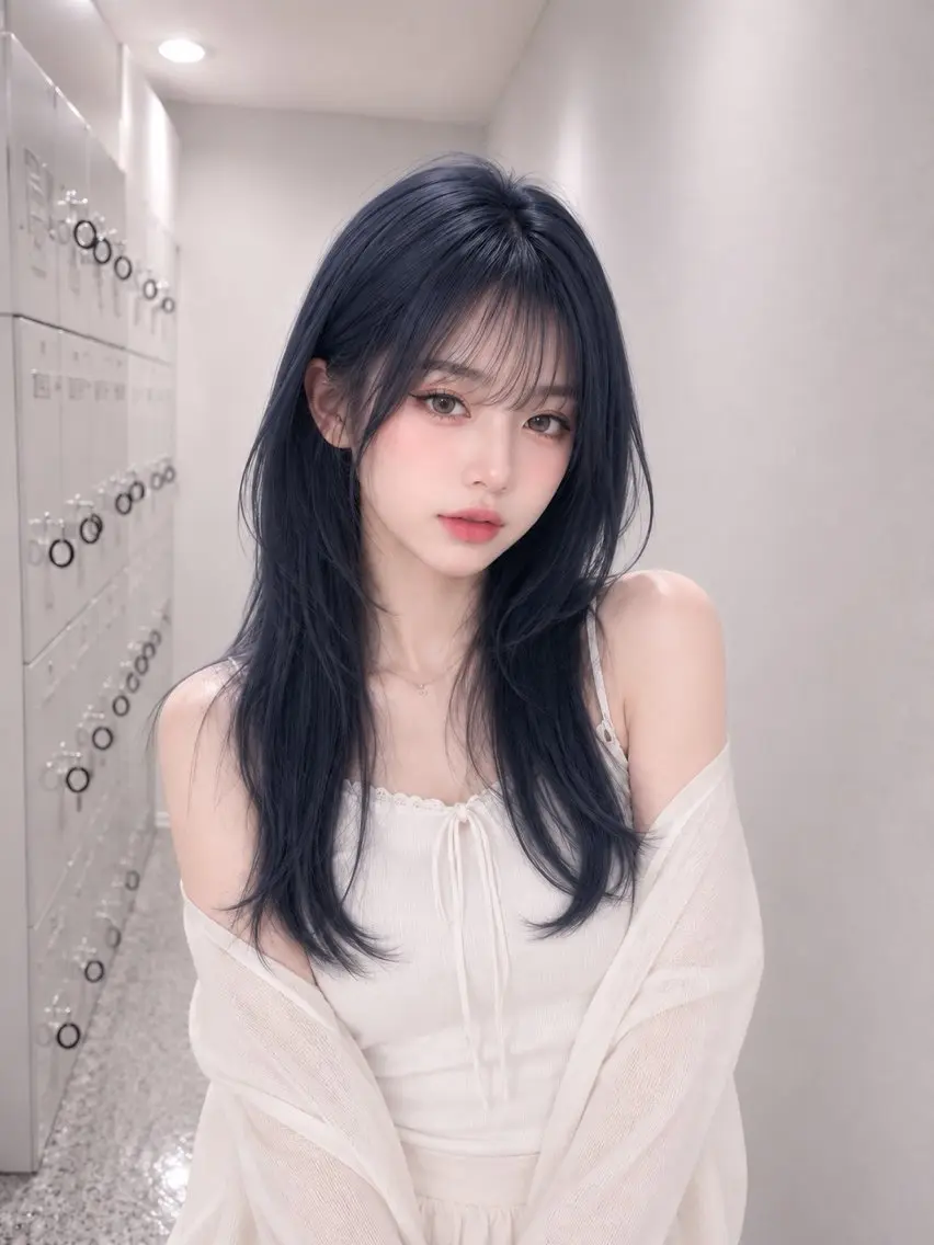 ロング カラー 黒髪 ブリーチ ブルーカラー ブルーブラック 透明感カラー カット ヘアカラー トリートメント ヘッドスパ ハイトーン/ホワイト /ブルー/りくとのヘアスタイル