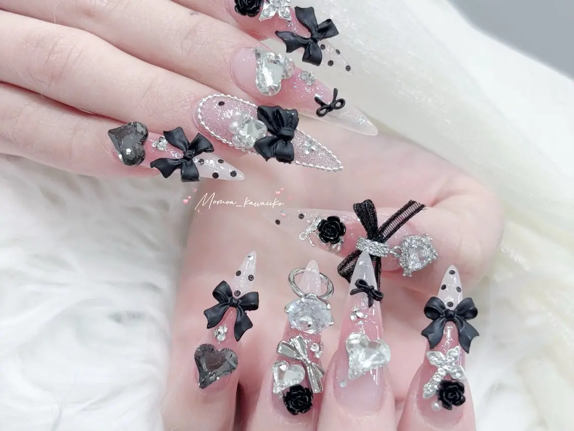 ネイル 成人式 大理石ネイル(マーブル) リボン 夏ネイル ネイルチップ ハンドネイル MoMoA Nail ネイル長さ出し専門店のネイルデザイン