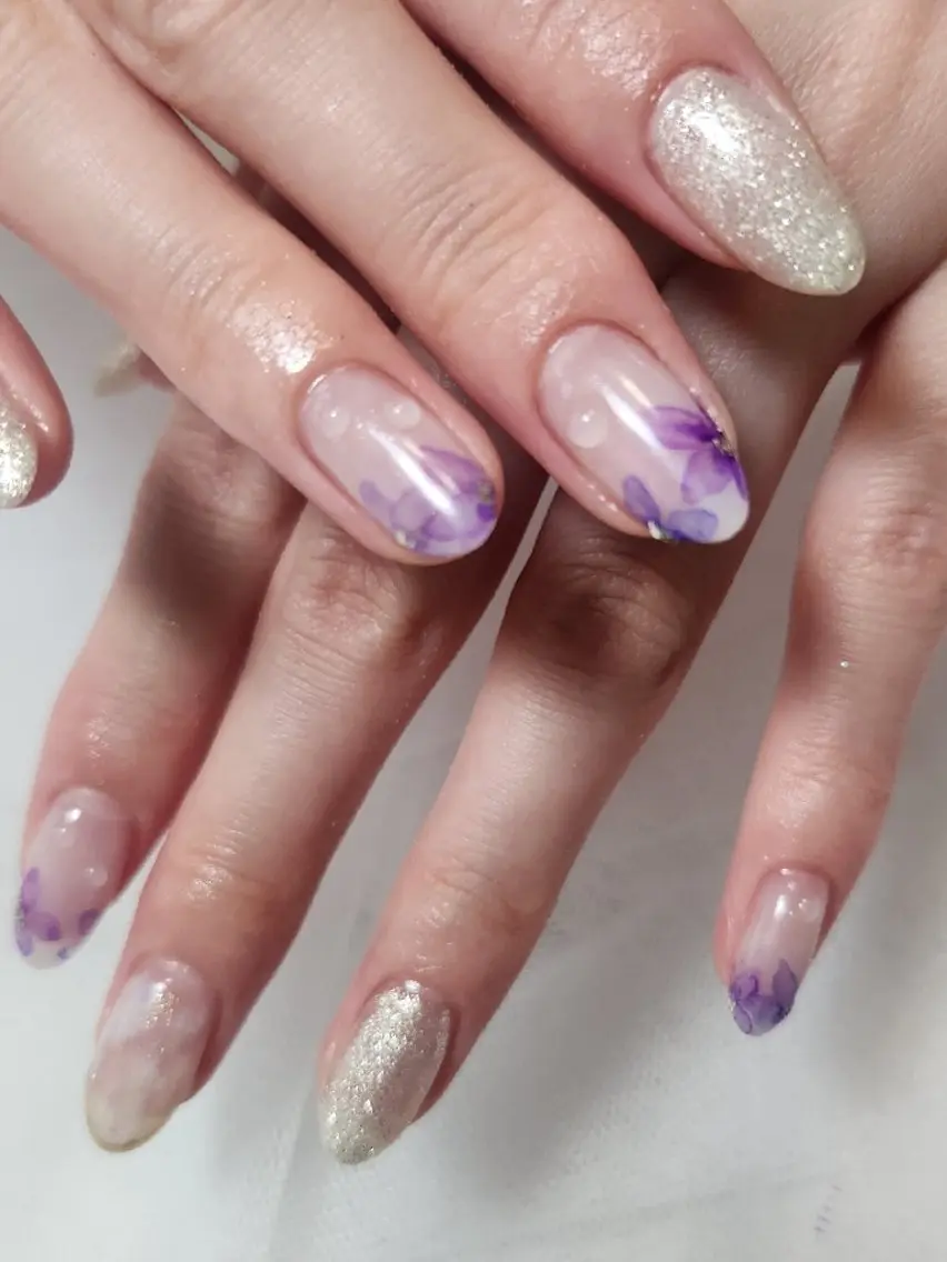 ネイル ブルー フラワーネイル ジェルネイル 韓国ネイル ラメ(グリッター) Nailroom3  古屋のネイルデザイン
