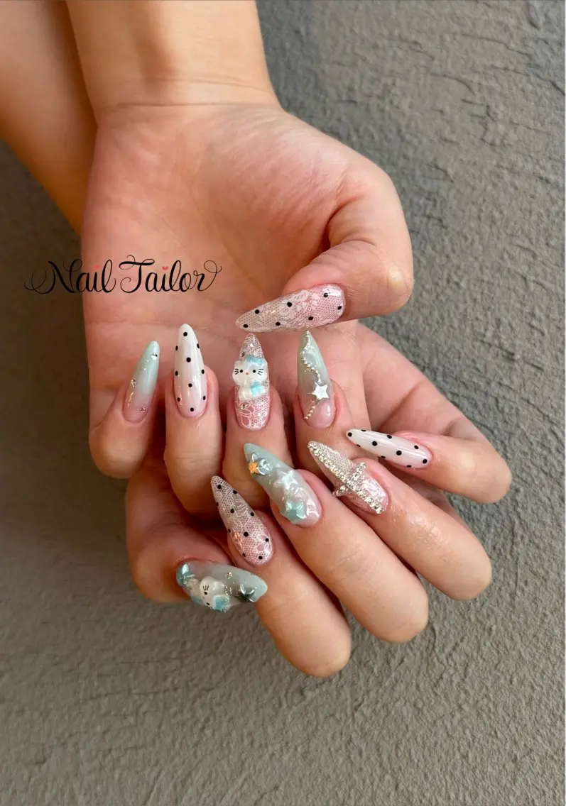 ネイル ドット 長さ出し レース スカルプネイル ホワイト ハンドネイル NailTailor ネイルテイラーのネイルデザイン