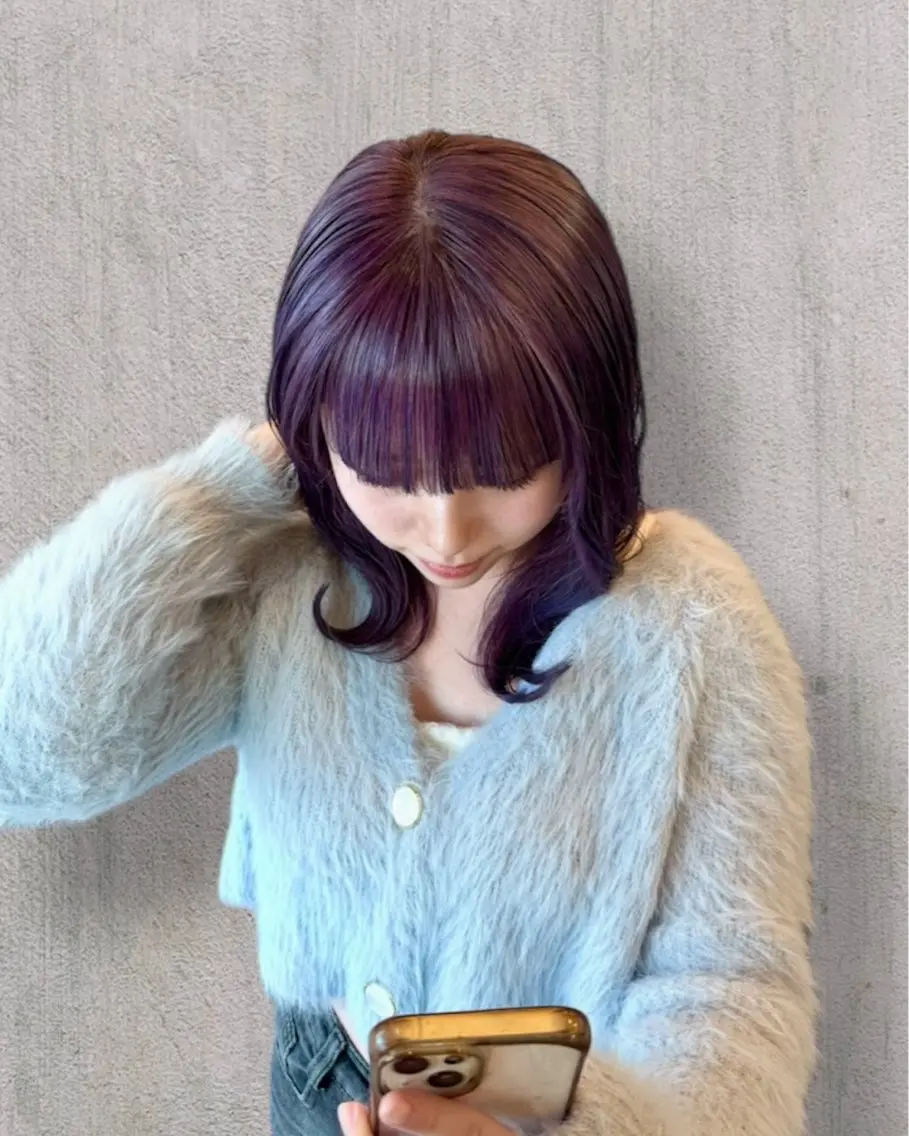 ミディアム カラー ダブルカラー パープルカラー ヘアカラー トリートメント 松岡 結颯のヘアスタイル