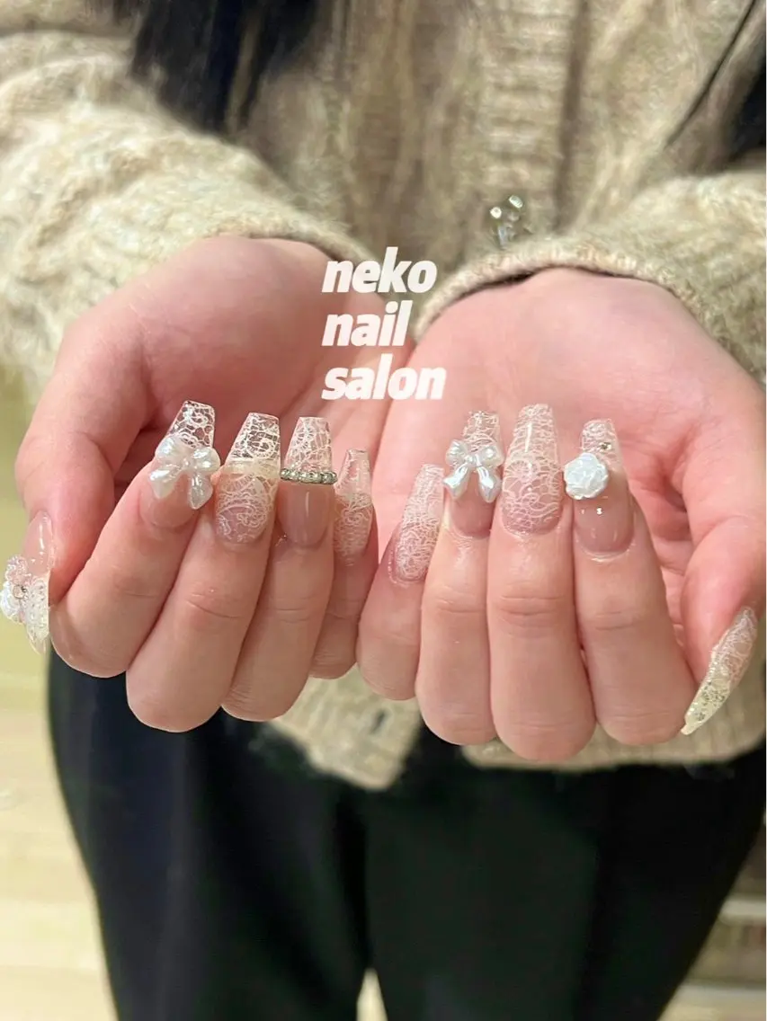 ネイル ガーリー レース バレンタイン ワンホンネイル ハンドネイル neko nailのネイルデザイン