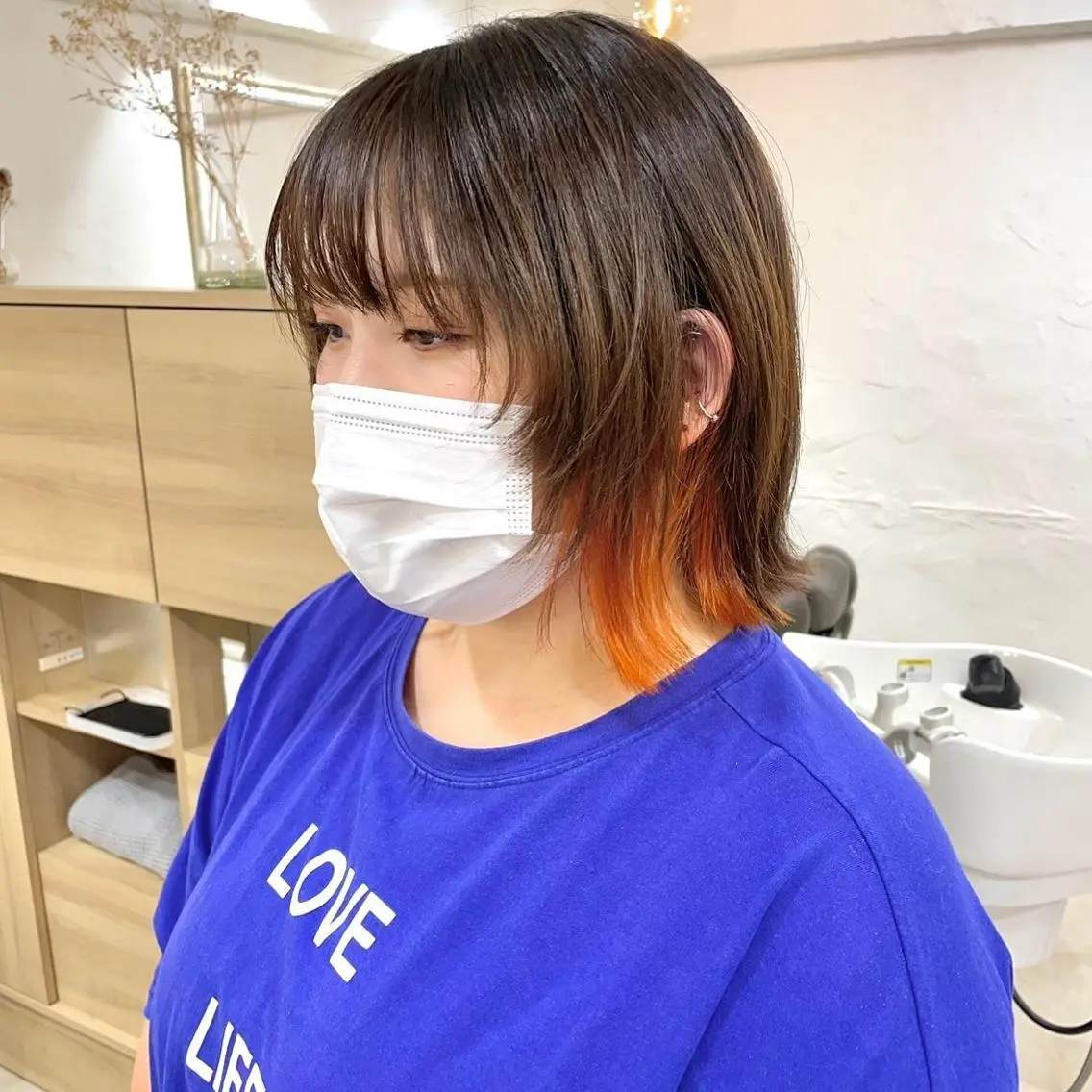 ショート カラー パーマ 切りっぱなしボブ 前下がりボブ ショートボブ 黒髪 イヤリングカラー 髪質改善 縮毛矯正/ レイヤー/銀座/本木のヘアスタイル