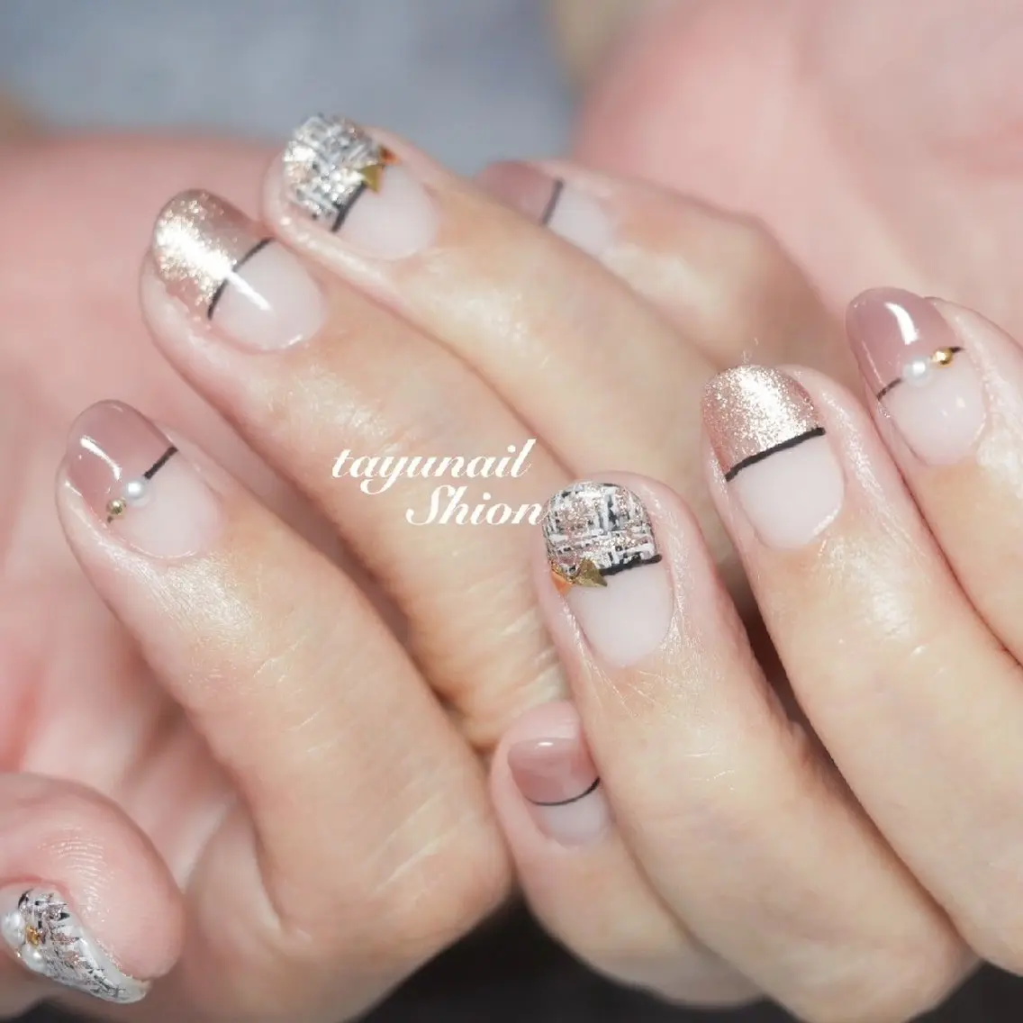 ネイル フレンチネイル ジェルネイル パラジェル ツイードネイル 冬ネイル ネイルサロン 【たゆnail】のネイルデザイン