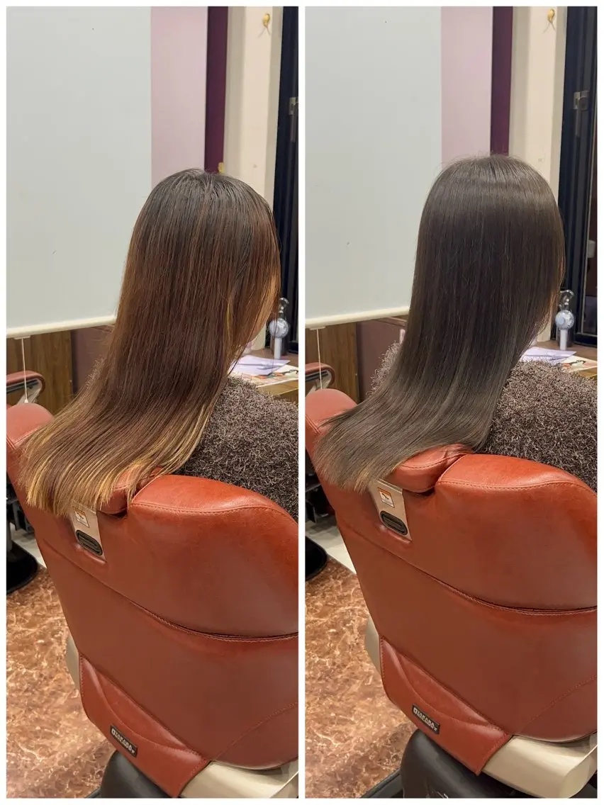 ロング カラー グレージュ オレンジ カット ヘアカラー トリートメント 藤田 竜成のヘアスタイル