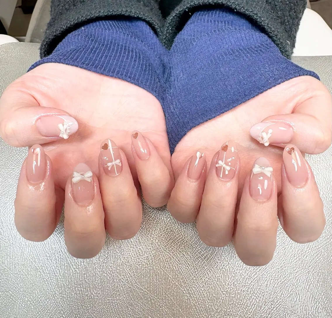 ネイル フレンチネイル ピンク リボン ハンドネイル ✨韓国✨nail salonLumieのネイルデザイン