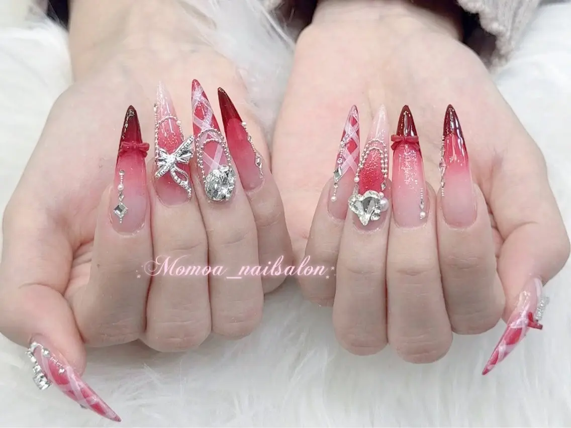 ネイル 成人式 大理石ネイル(マーブル) リボン 夏ネイル ネイルチップ ハンドネイル MoMoA Nail ネイル長さ出し専門店のネイルデザイン