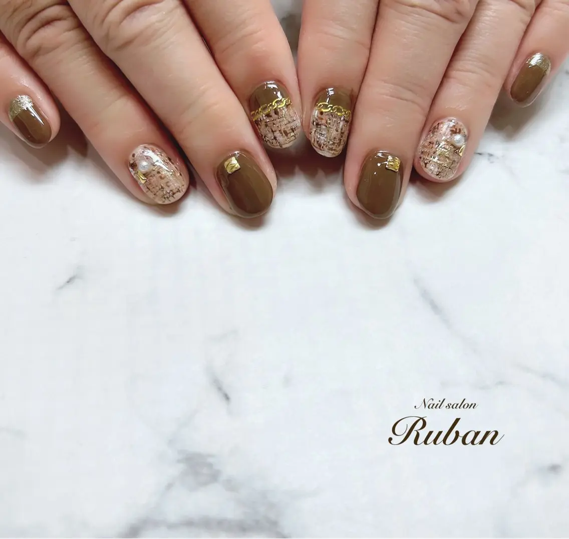 ネイル ブラウン ツイードネイル Nail salon Rubanのネイルデザイン