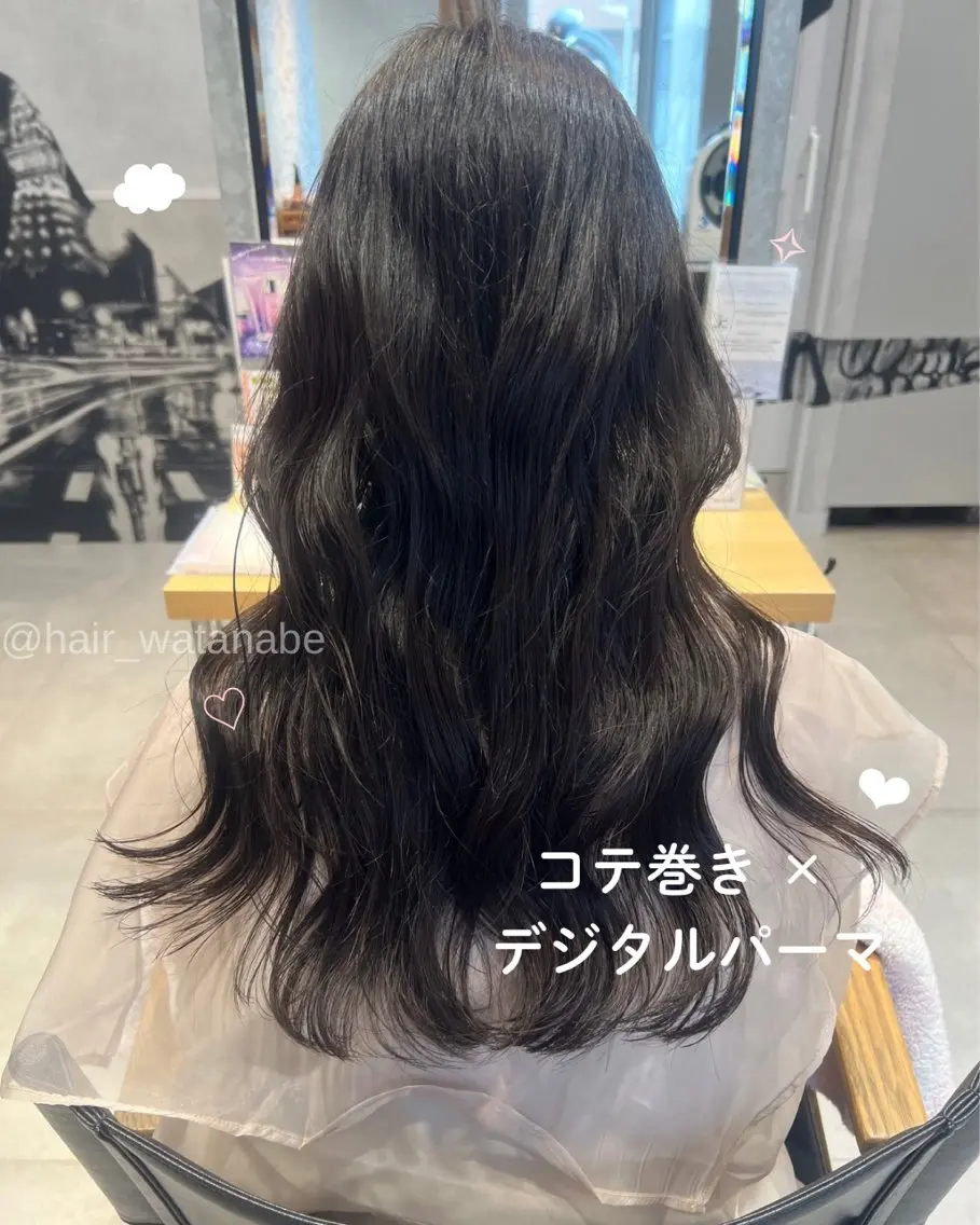 ロング パーマ 顔周りカット ヨシンモリ 韓国風ヘア レイヤーカット ロング カット パーマ トリートメント 韓国hair ·͜· watanabeのヘアスタイル