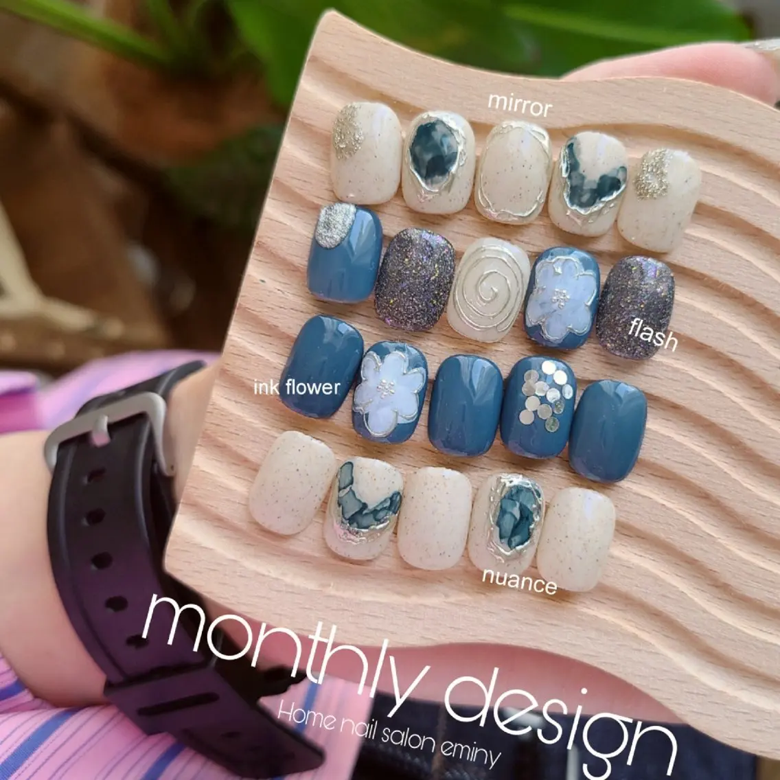 ネイル フラワーネイル ジェルネイル ホログラムネイル 韓国ネイル ネイビー nail salon  eminyのネイルデザイン