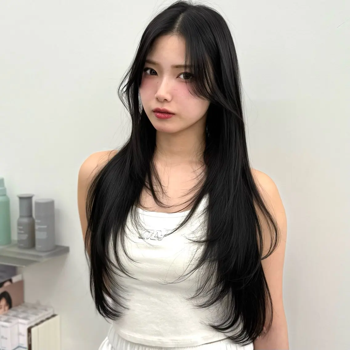 セミロング 韓国風ヘア レイヤーカット カット ヘアカラー トリートメント 割れない顔まわり× 小顔補正レイヤー難波のヘアスタイル