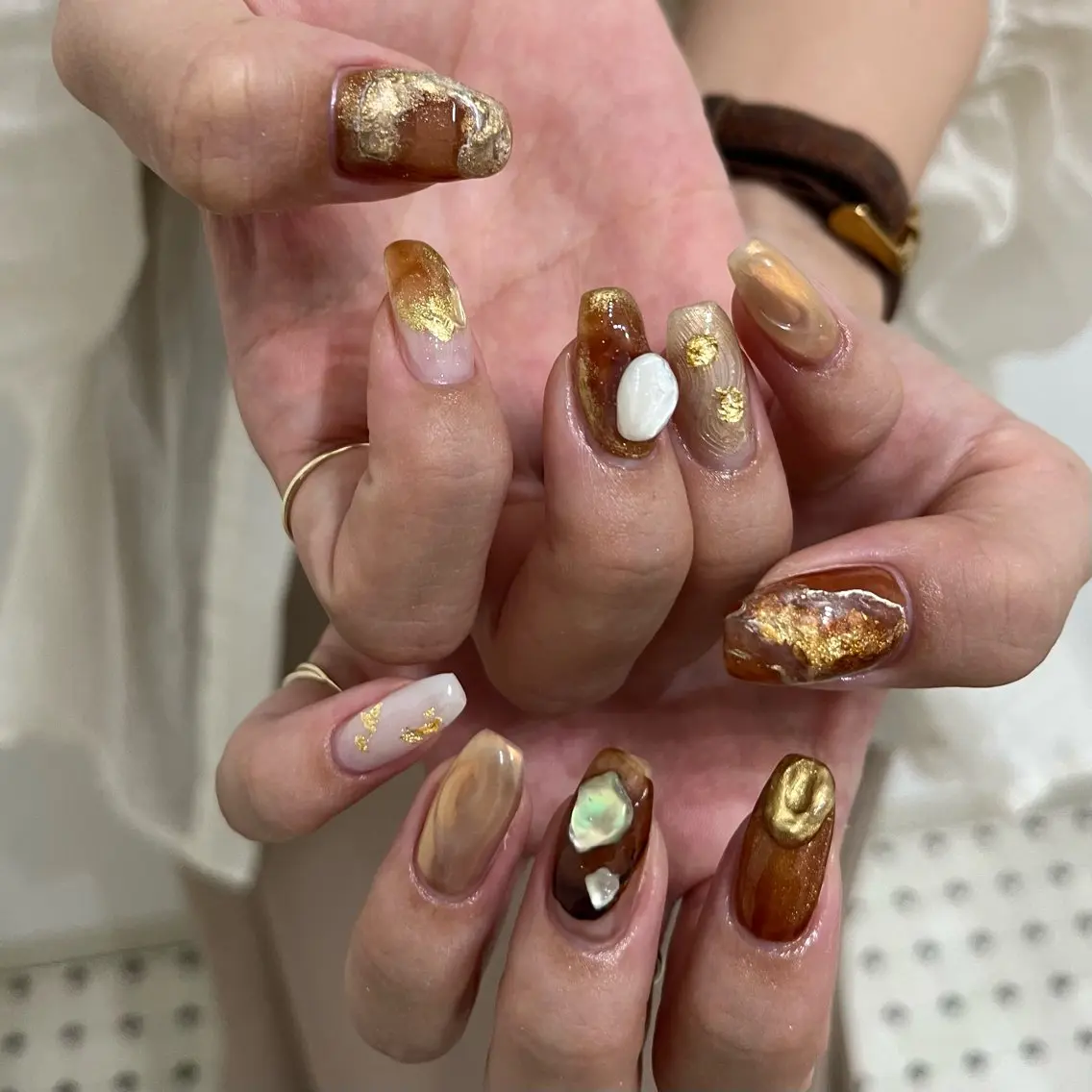 ネイル ブラウン グリーン ハンドネイル vegh. nail/阿波座のネイルデザイン