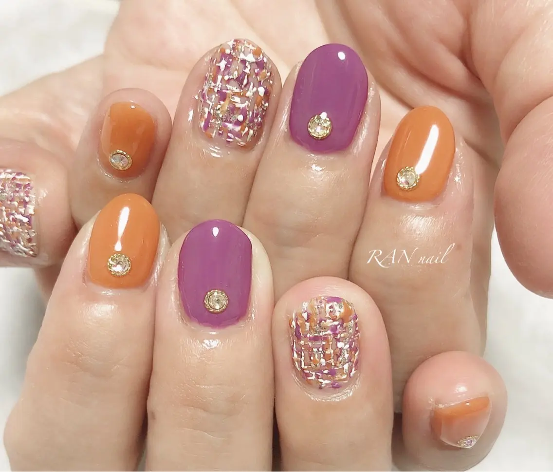 ネイル オフィスネイル オレンジ パープル シンプルネイル ツイードネイル RAN nailのネイルデザイン