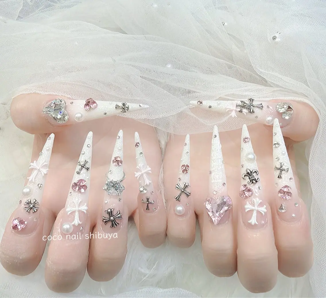 ネイル 成人式 大理石ネイル(マーブル) リボン 夏ネイル ネイルチップ ハンドネイル CoCo Nail 長さ出し専門店のネイルデザイン