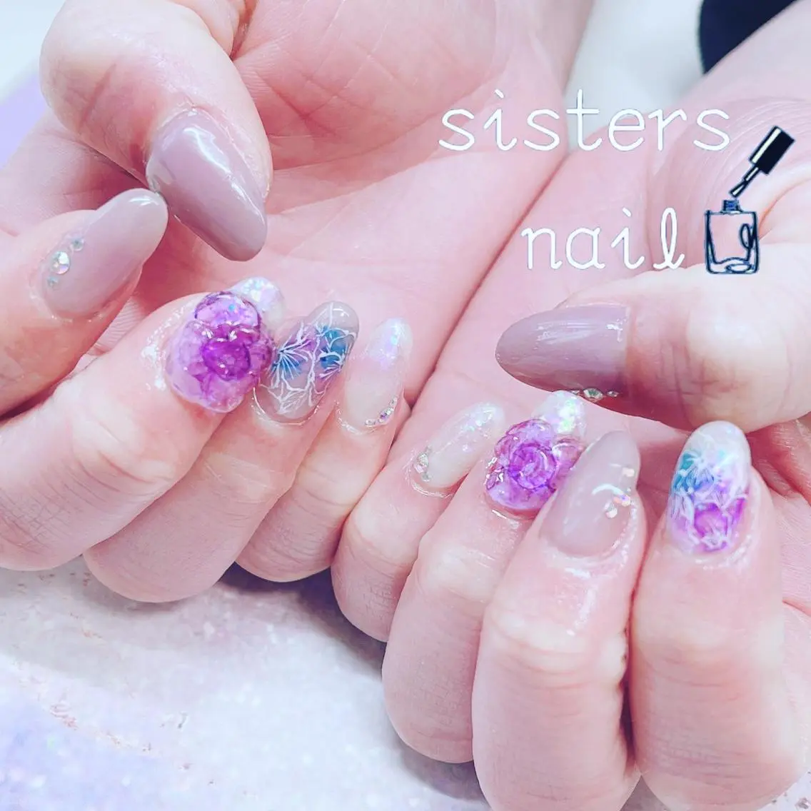 ネイル アートネイル クリアネイル フラワーネイル パープル 春ネイル sisters nail.fのネイルデザイン
