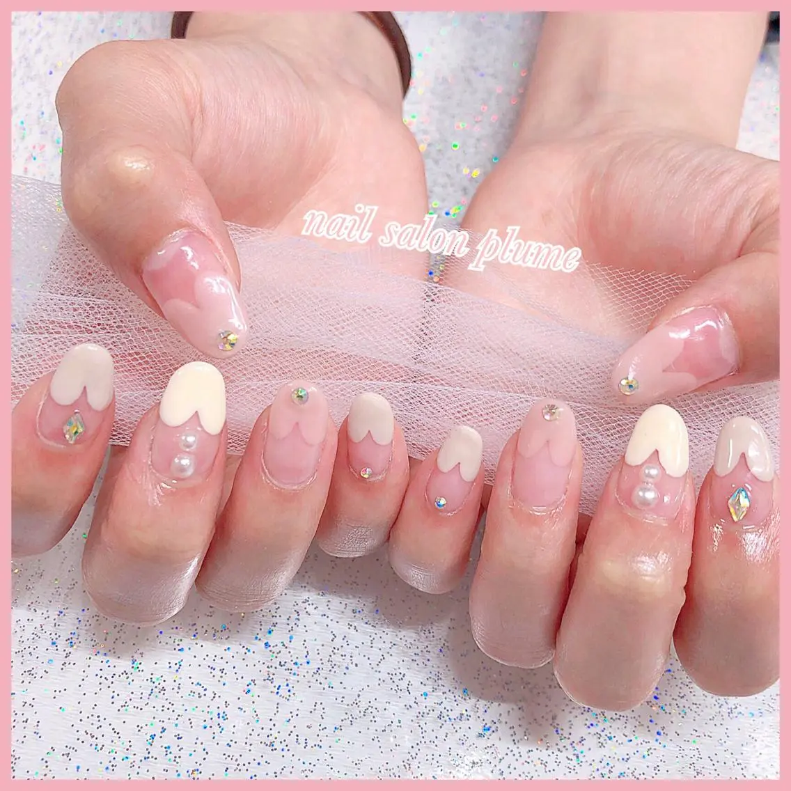 ネイル アートネイル フレンチネイル ガーリー ハート キラキラネイル plume nail ☆韓国ネイルのネイルデザイン